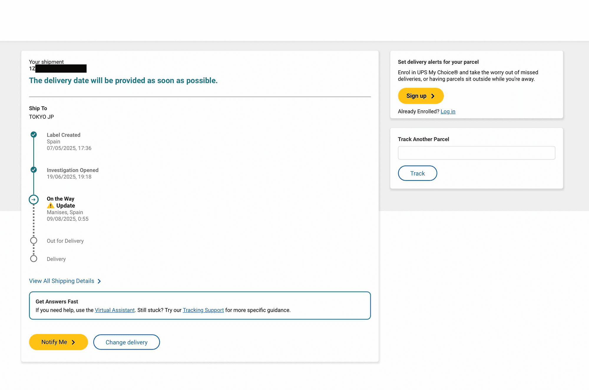 UPS tracking snapshot with public fields redacted