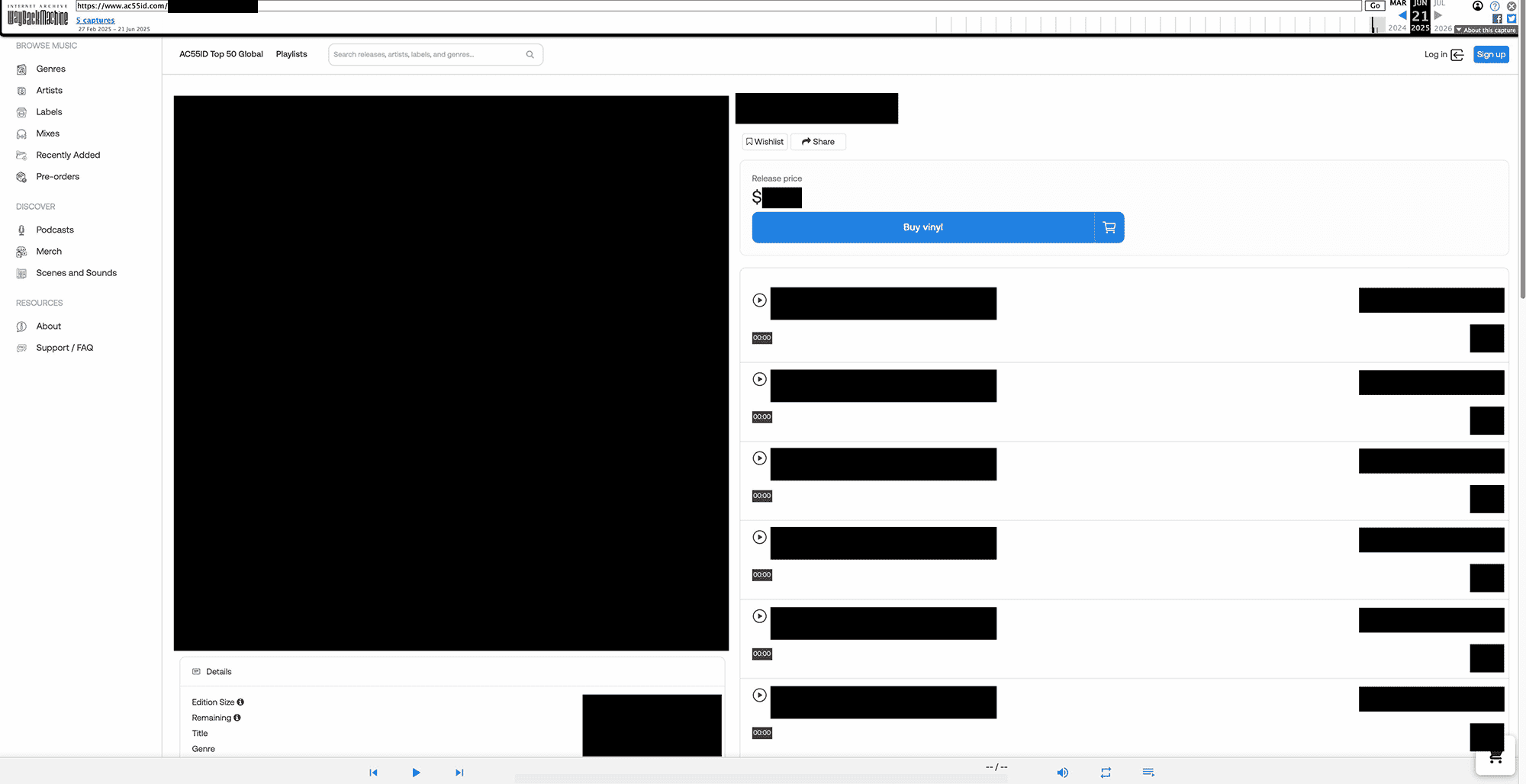 Archived product page with identifiers redacted